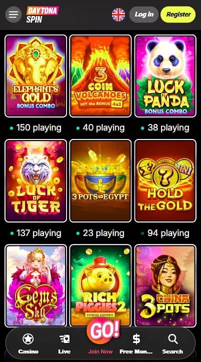 Slots, crash games y casino en vivo en Daytonaspin móvil